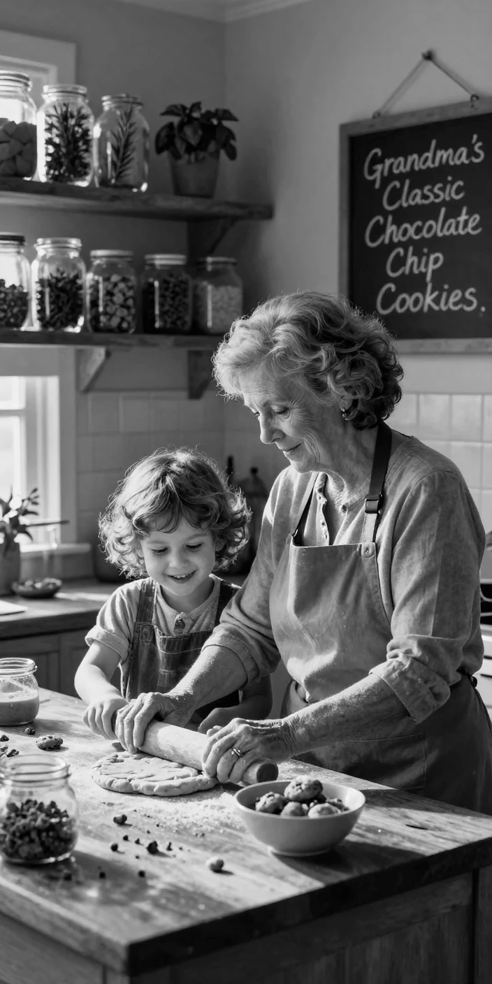 A grandmother and her grandchild bake cookies side by side in a warm kitchen filled with fragrant herbs.
