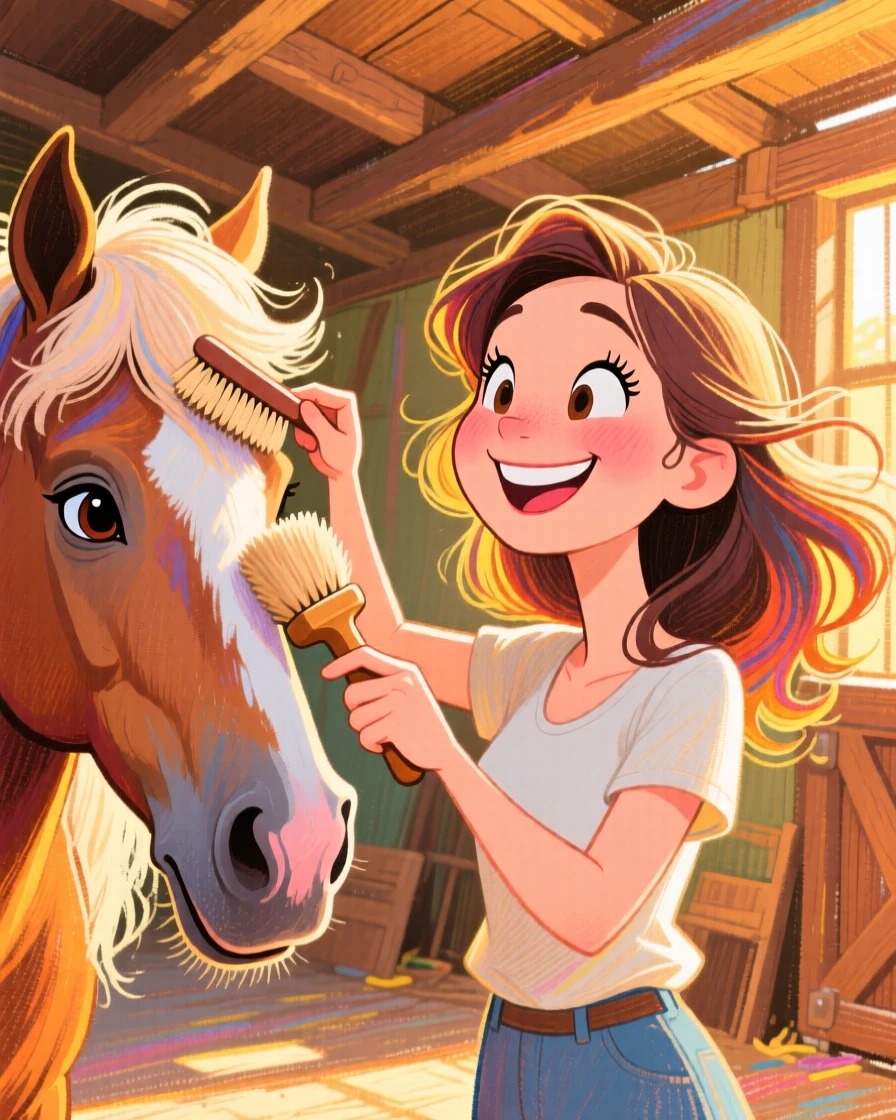 A woman gently brushing her horse's mane in a sunlit stable.