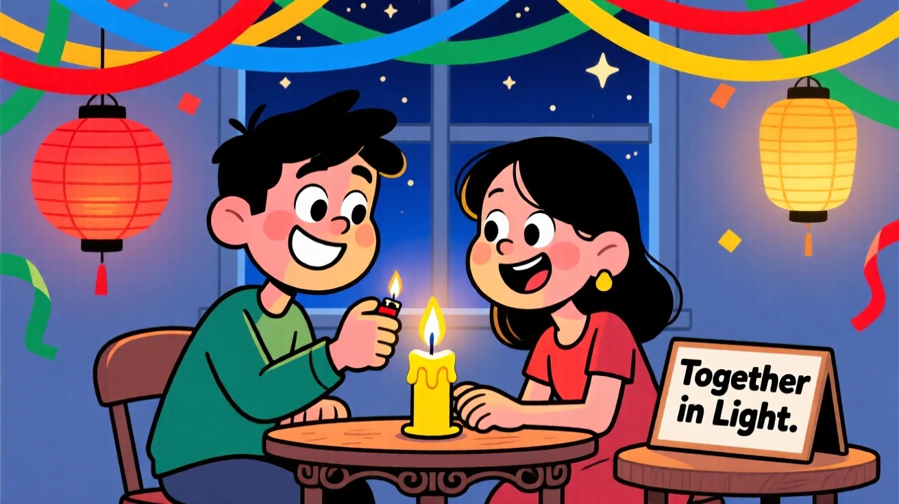 A festive celebration scene of a young couple lighting candles together during a quiet evening celebration, surrounded by colorful decorations and streamers.