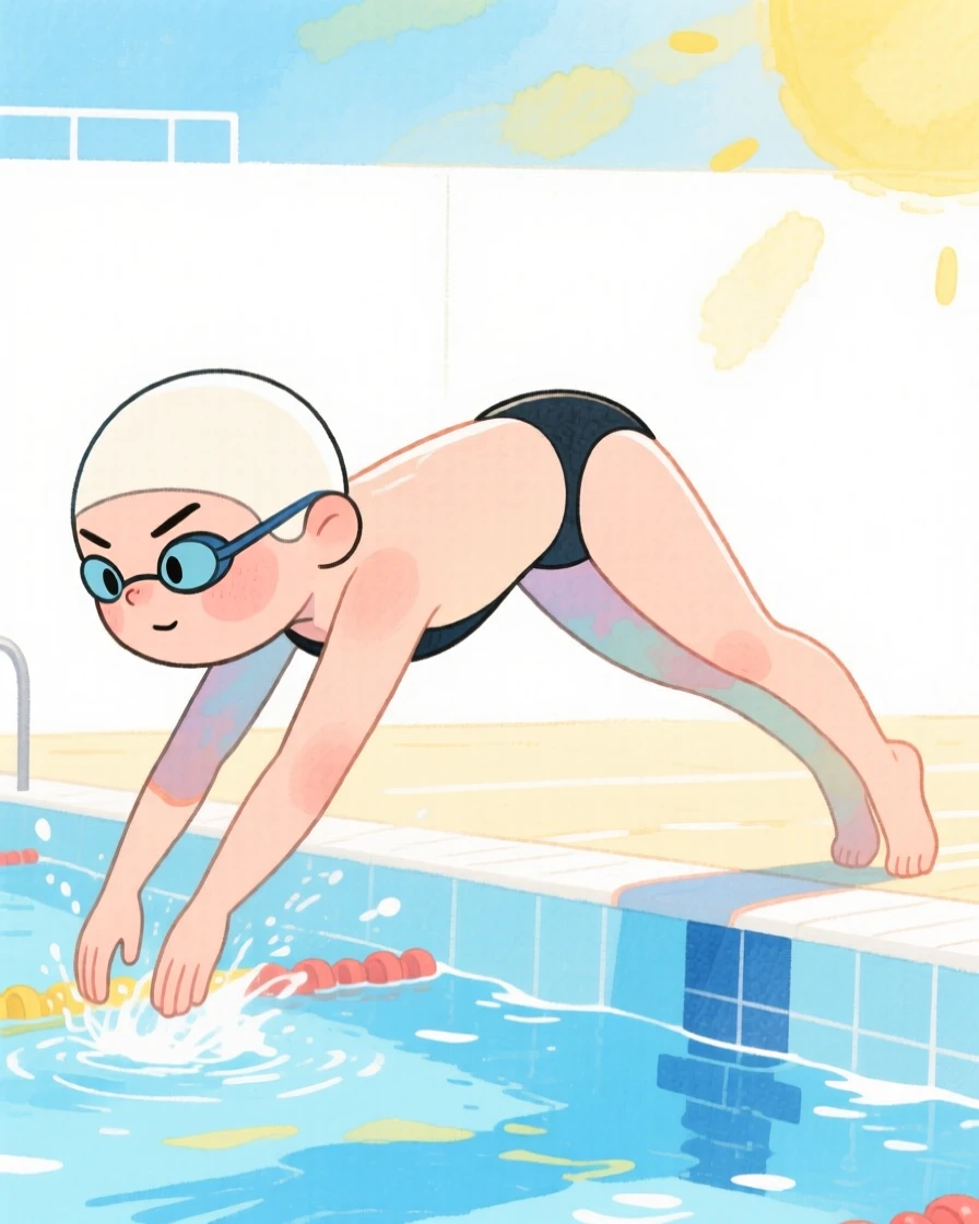 A swimmer diving into a pool serving with focused intensity on a sunny court