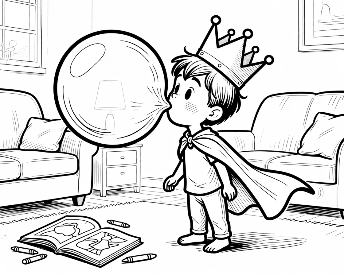 A child blowing the biggest bubblegum bubble yet, tilting the crown that keeps slipping over one eye, set in a living room draped in a bedsheet cape. A half-finished coloring book lies open on the floor. It's a burst of pure, unfiltered childhood joy.