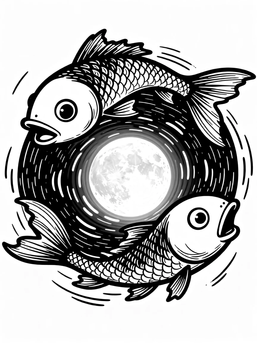 A Pisces archetype: two fish swimming in a circle around a glowing moonlit pond.