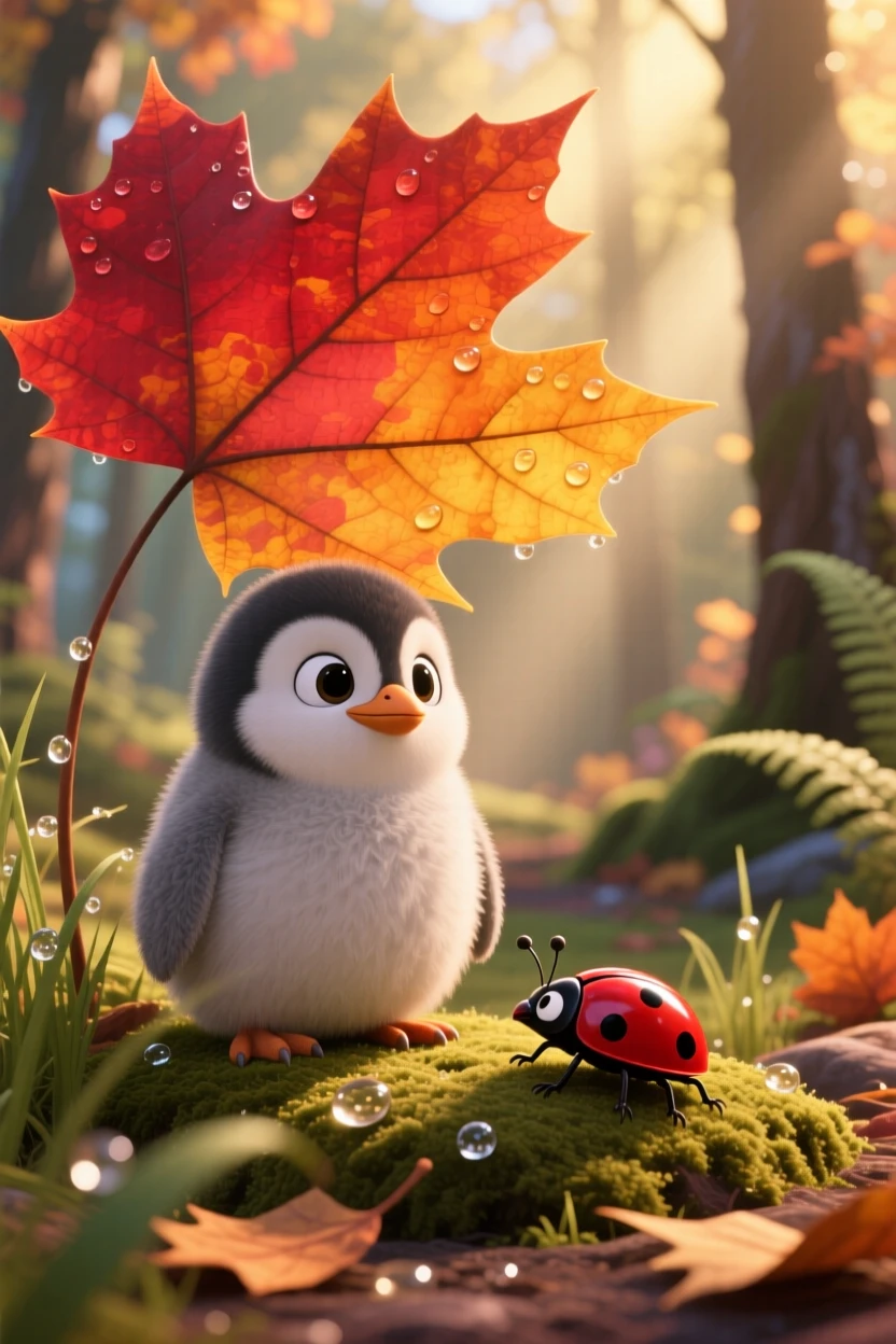 A penguin chick is tucked under a giant maple leaf, watching a ladybug crawl by. The scene feels warm and heartwarming, with dew drops glistening nearby.