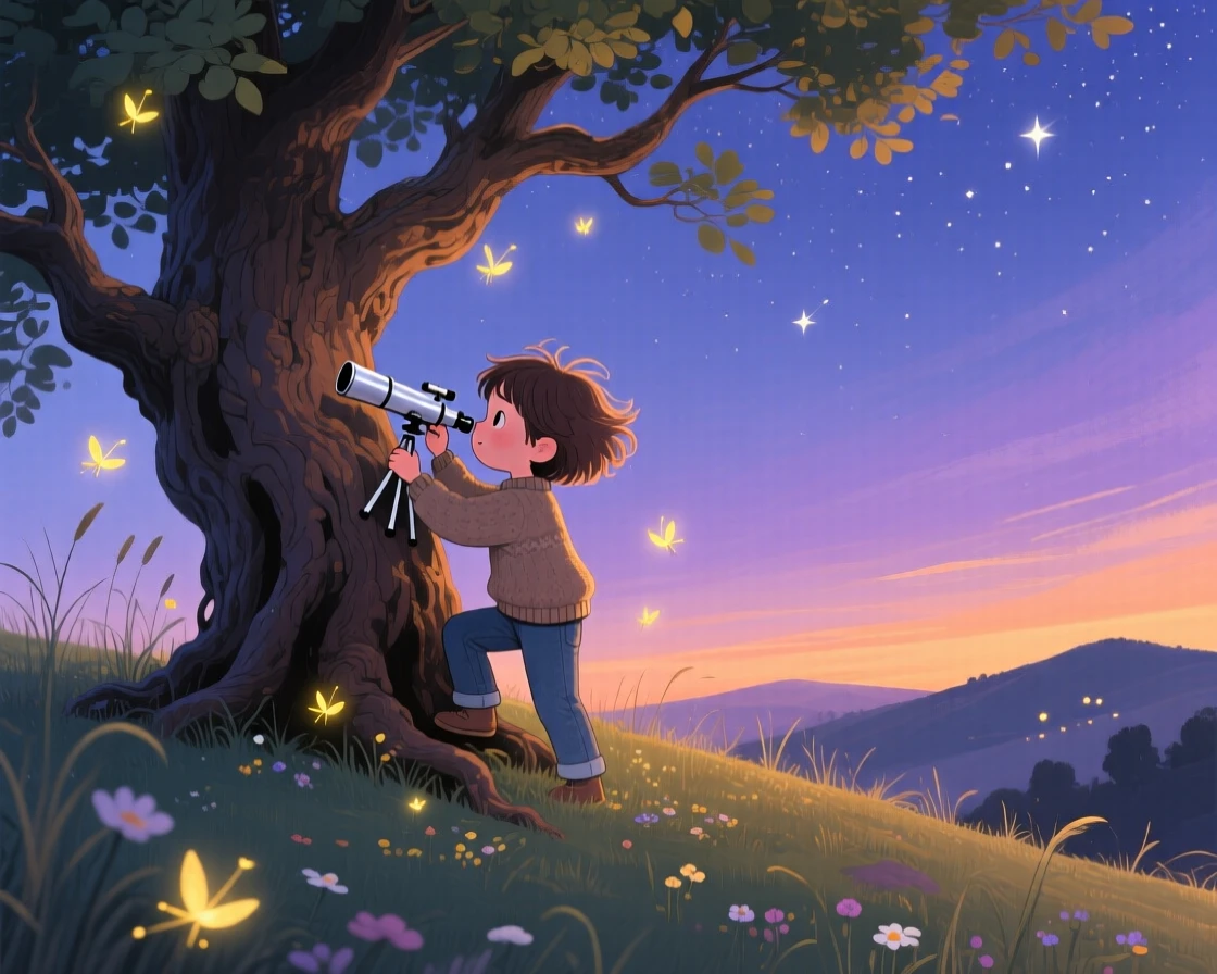In a stargazing hilltop, a young stargazer with a telescope is climbing an old oak tree to look at the view, as fireflies begin to appear at dusk.