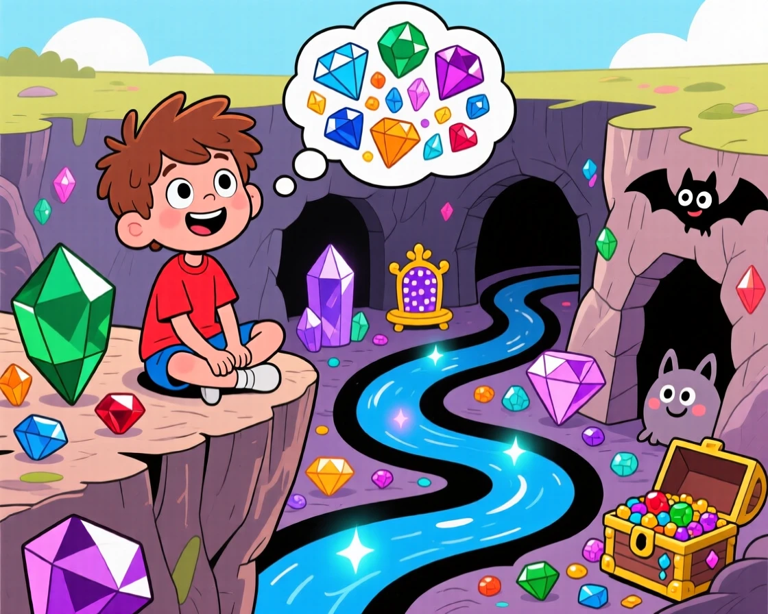 A boy picturing an underground kingdom of gems and tunnels.