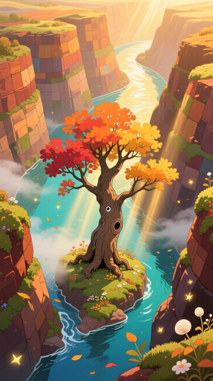 A breathtaking view of a canyon carved by a winding river, with a lone weathered tree standing at its center, at golden hour, shown from directly above like a patchwork quilt.