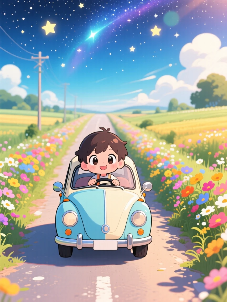 In a charming countryside road, a child is riding in a vintage car through a flower-lined lane under a starry midsummer night sky, bathed in bright midday sun, expression full of quiet contentment. Shot as a medium shot.