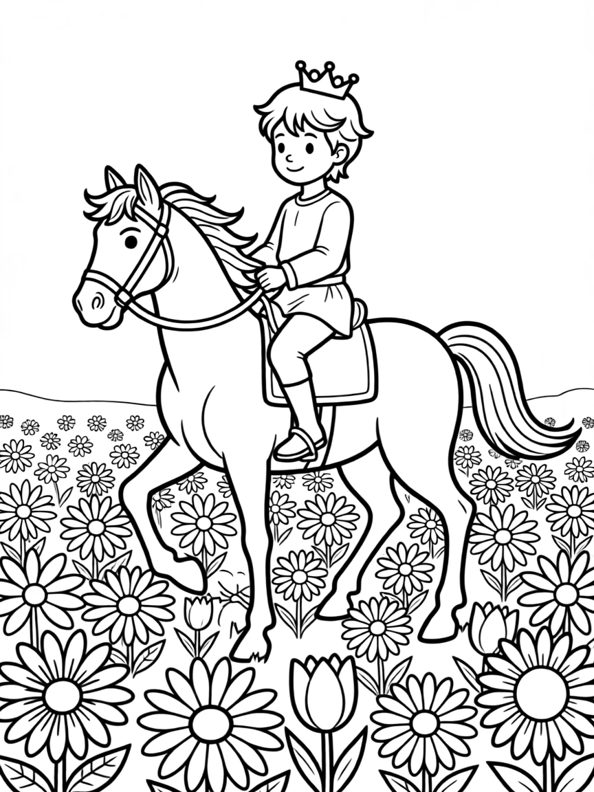A prince riding a white horse through a field of flowers