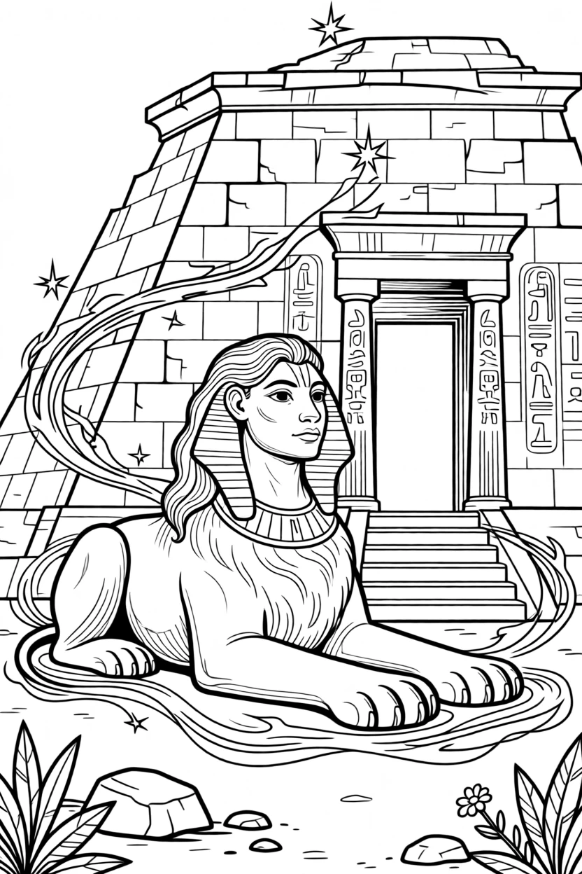 A sphinx guarding an ancient desert temple, with a swirl of magical energy crackling in the air.