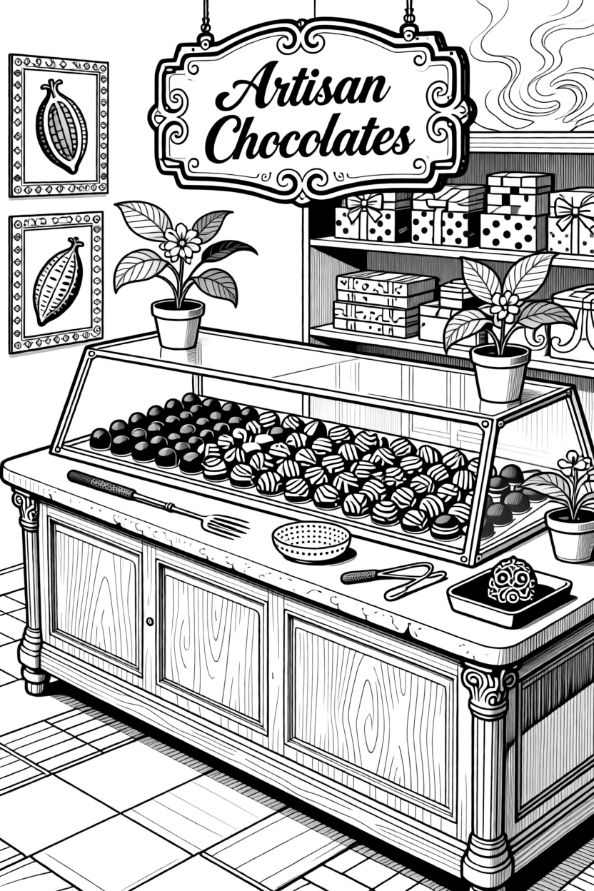 A gourmet chocolate shop counter with truffles arranged in rows.