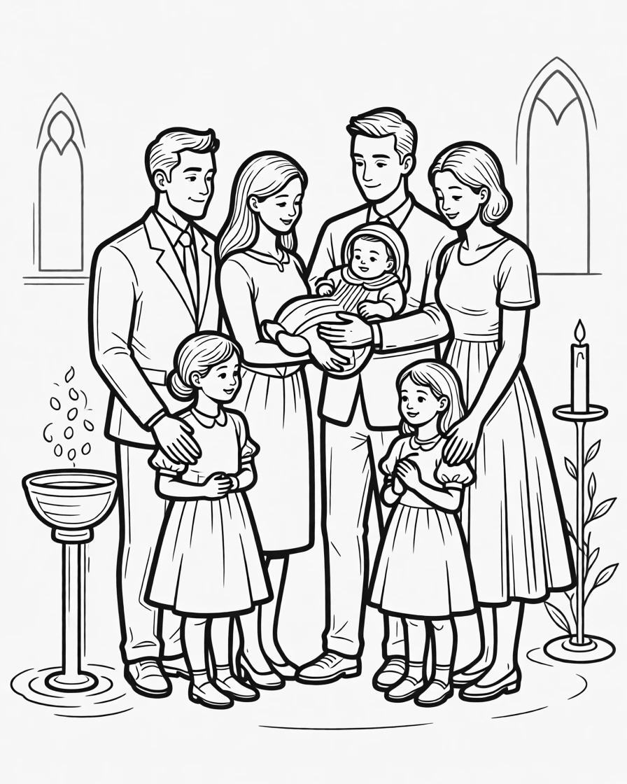 A christening ceremony with family gathered around