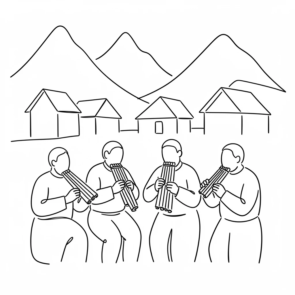 A group of Andean musicians playing panpipes in a mountain village