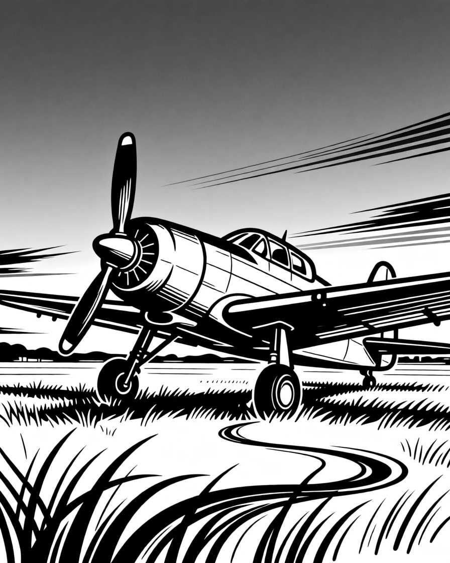 A vintage propeller airplane parked on a grassy airfield at dusk.