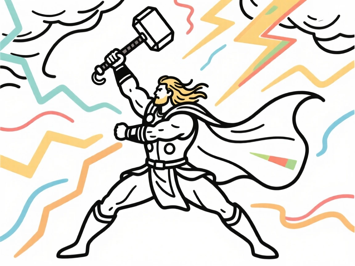 Thor swinging his hammer amid a raging thunderstorm.