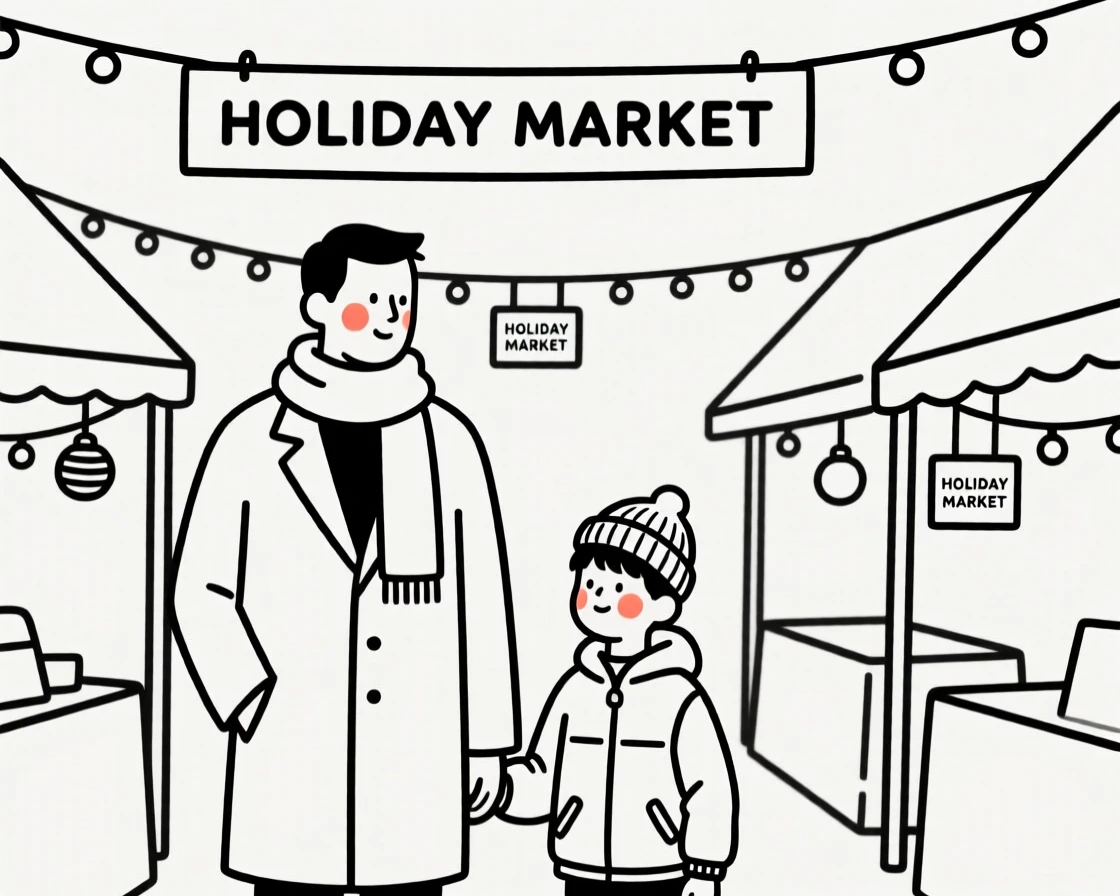 A father and son in a sleek minimalist outfit, at a bustling holiday market.