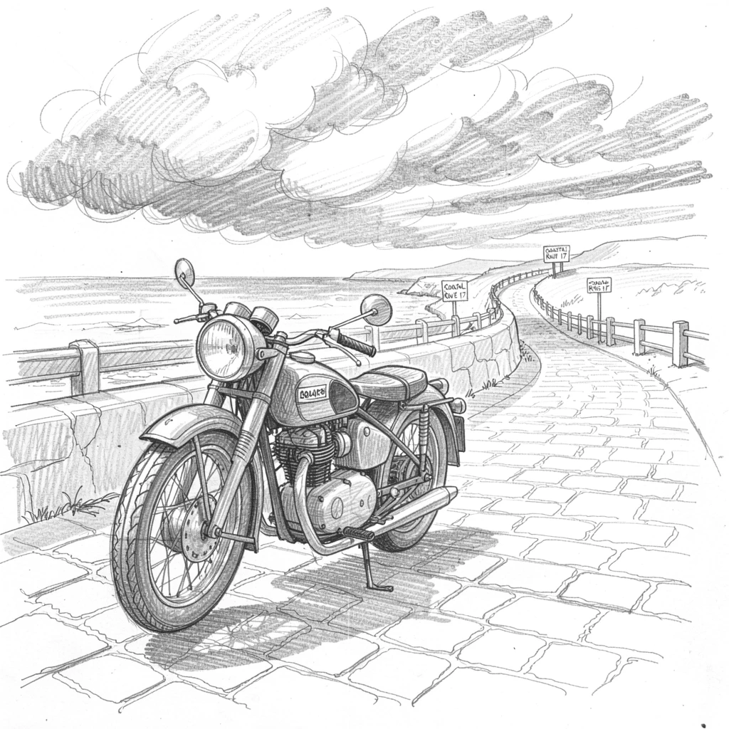An eye-catching view of a vintage motorcycle parked on a cobblestone street along a winding coastal road, with dramatic clouds gathering overhead.