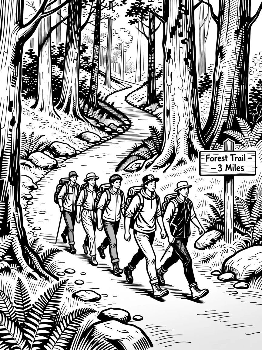 A group of friends hiking together along a scenic forest trail.