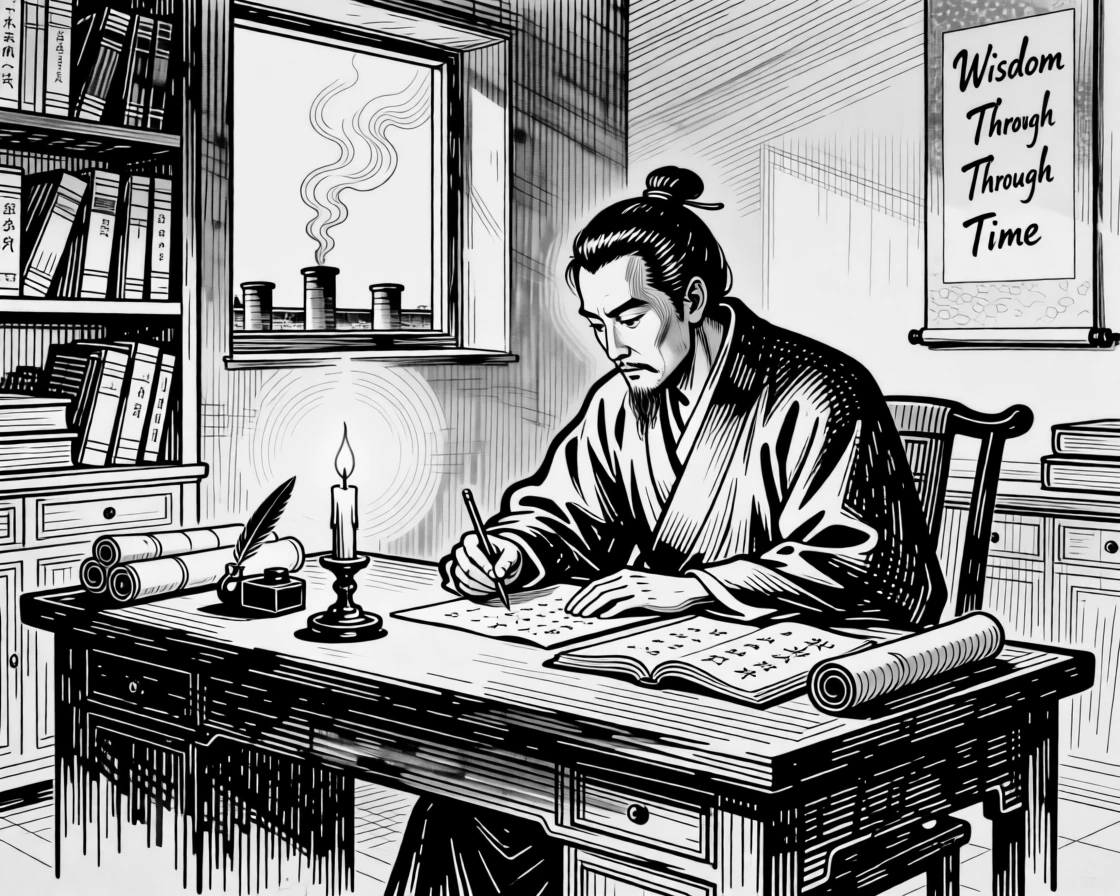 A scholar writing by candlelight in an old study as smoke rises gently from nearby chimneys, with the quiet dignity of long-held tradition, portrayed in a peacefully ceremonial historical scene.