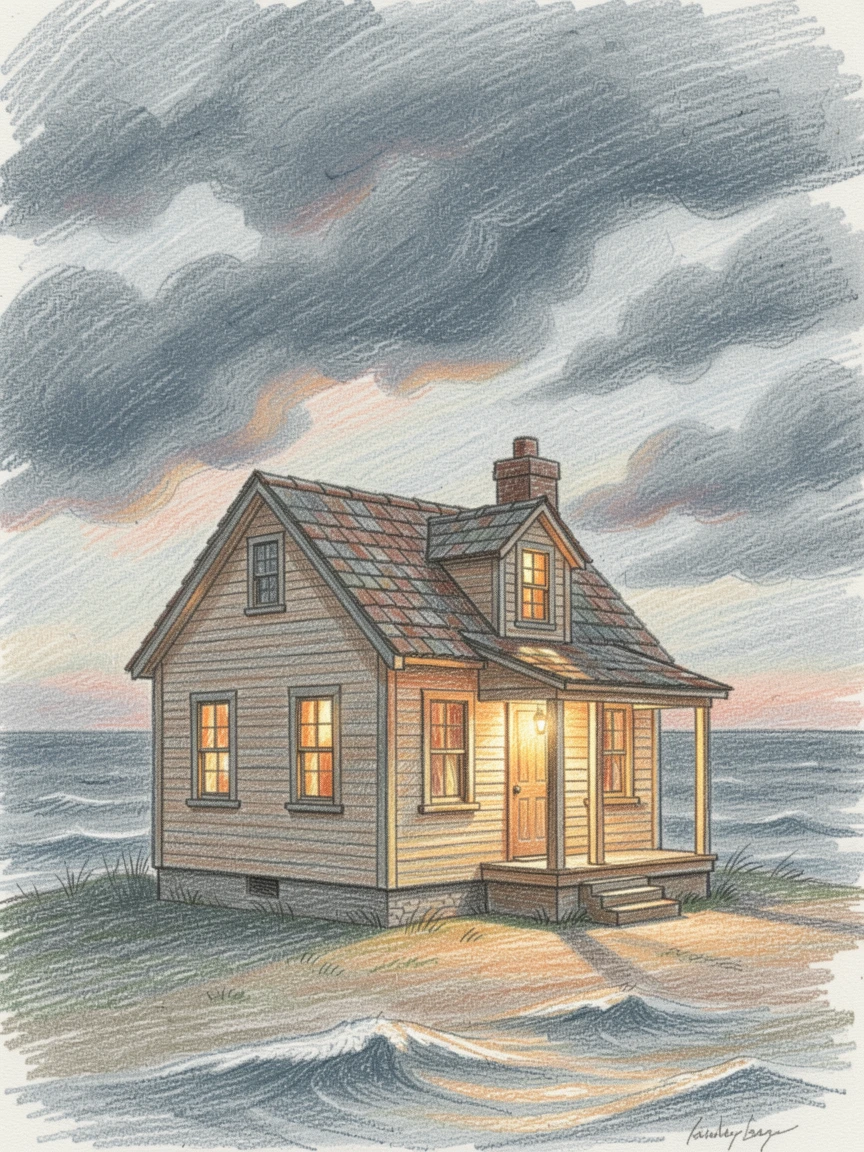 A lighthouse keeper's cottage glowing warmly against a stormy sky, set against a softly lit, atmospheric backdrop, designed to feel inviting, memorable, and shareable.