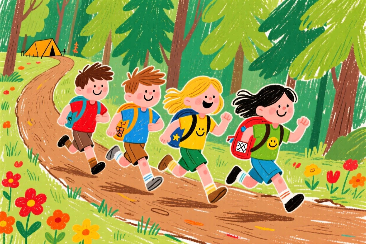 A group of campers racing along a winding forest path.