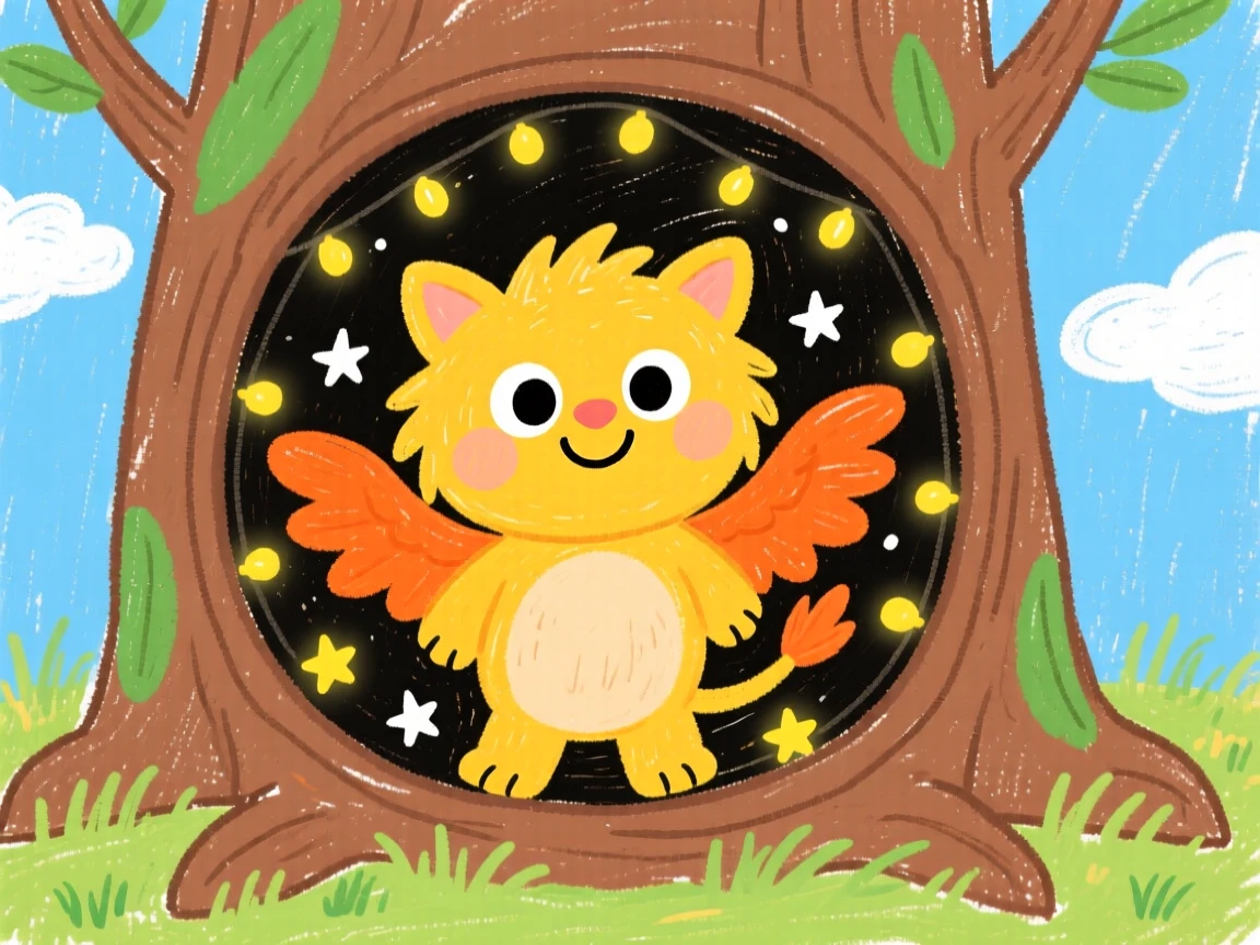 A playful griffin cub inside a hollow tree filled with twinkling lights.