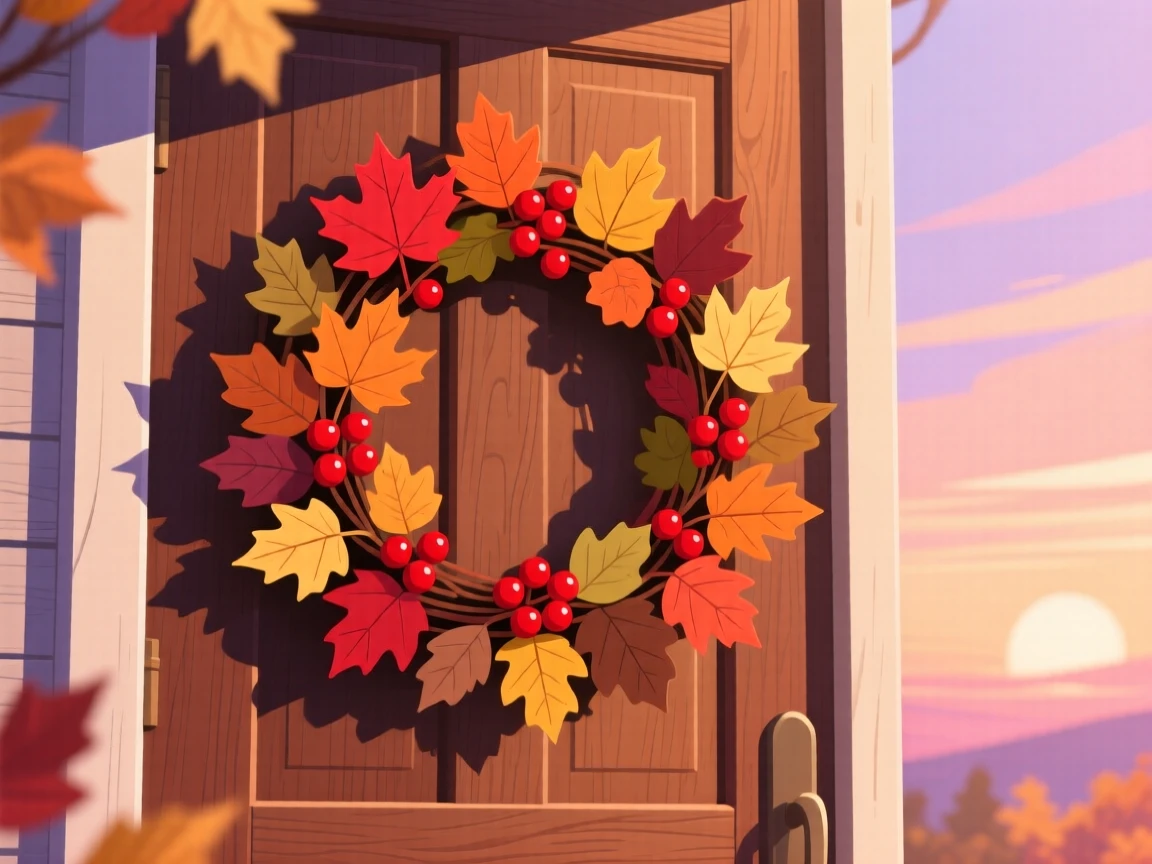 A wreath of colorful autumn leaves and berries on a wooden door, set against a soft glowing seasonal sunset, framed with natural light suited to the time of year, with a fresh, crisp atmosphere throughout.