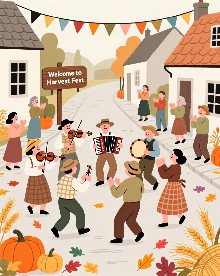 A harvest celebration with festive music filling a village street.