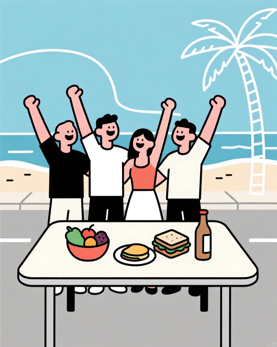 Friends gathered for a street parade in a beachside gathering, surrounded by a table of festive food, radiating triumphant joy.