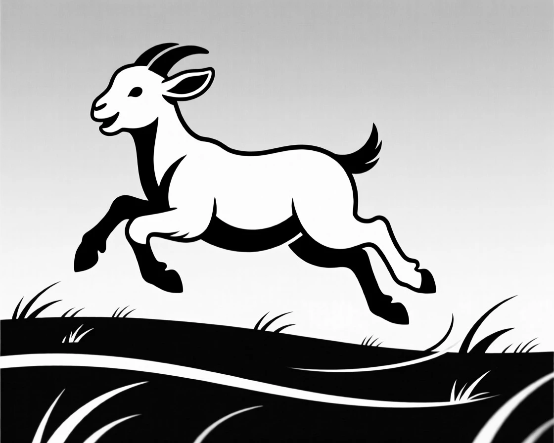 A baby goat hopping playfully in a field.
