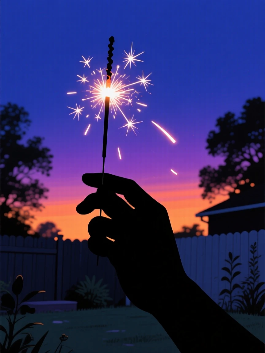 A summer sparkler trailing light against a dark backyard evening.