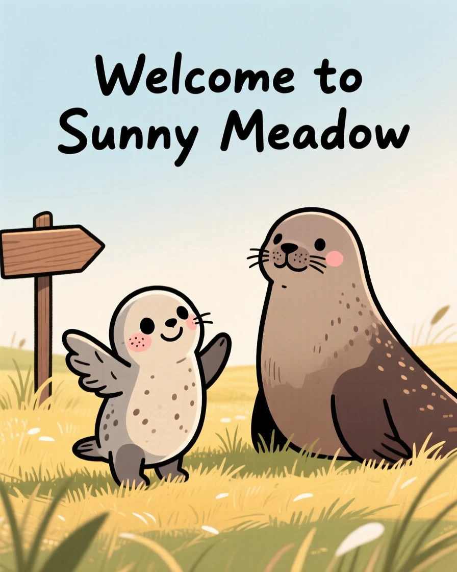 A small seal pup explores a sunlit pasture for the first time, stretching its wings while a nearby mother watches with gentle patience.