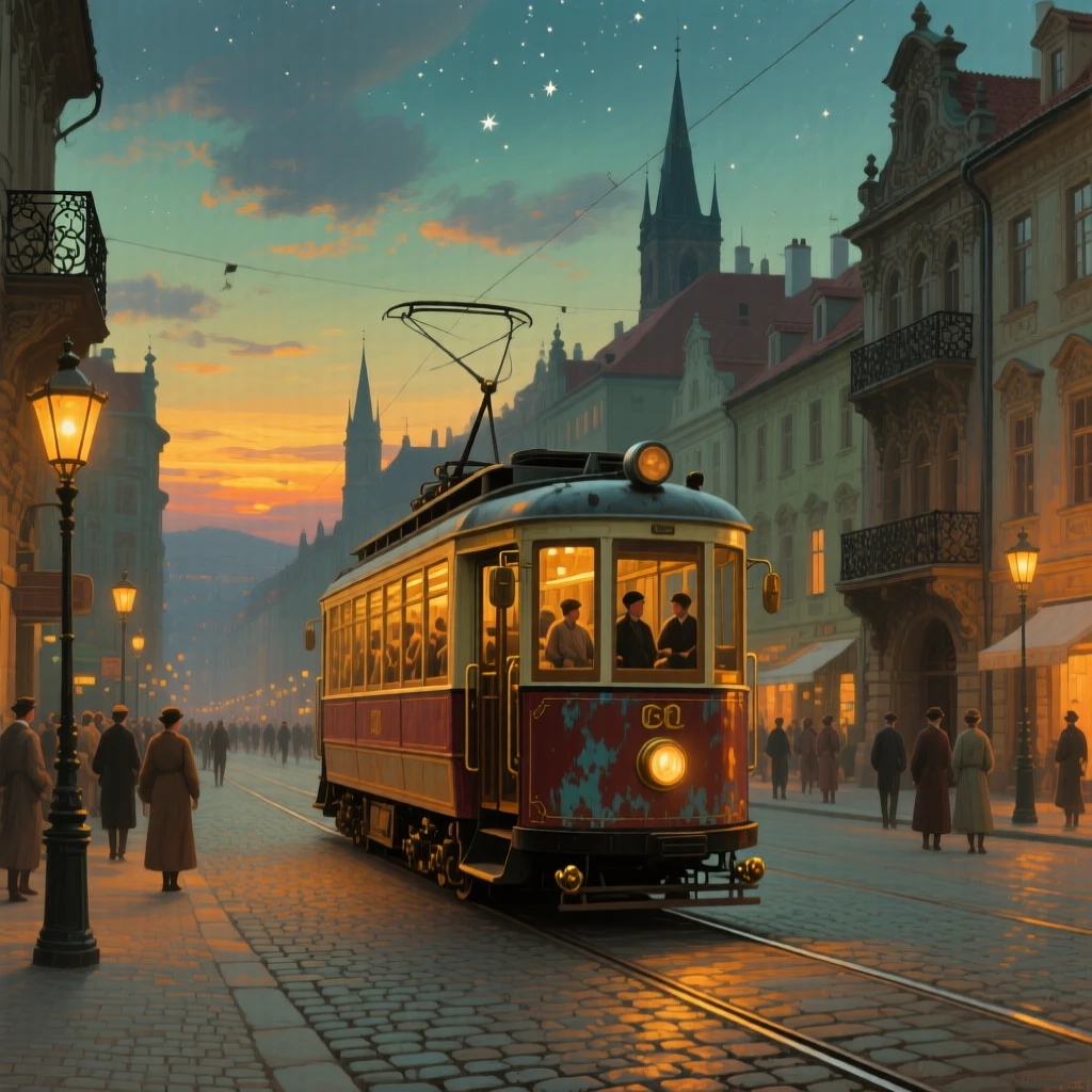 A grand panoramic scene of a vintage trolley car rattling along a busy city street, in old Prague, in the last light of sunset, under a canopy of stars.