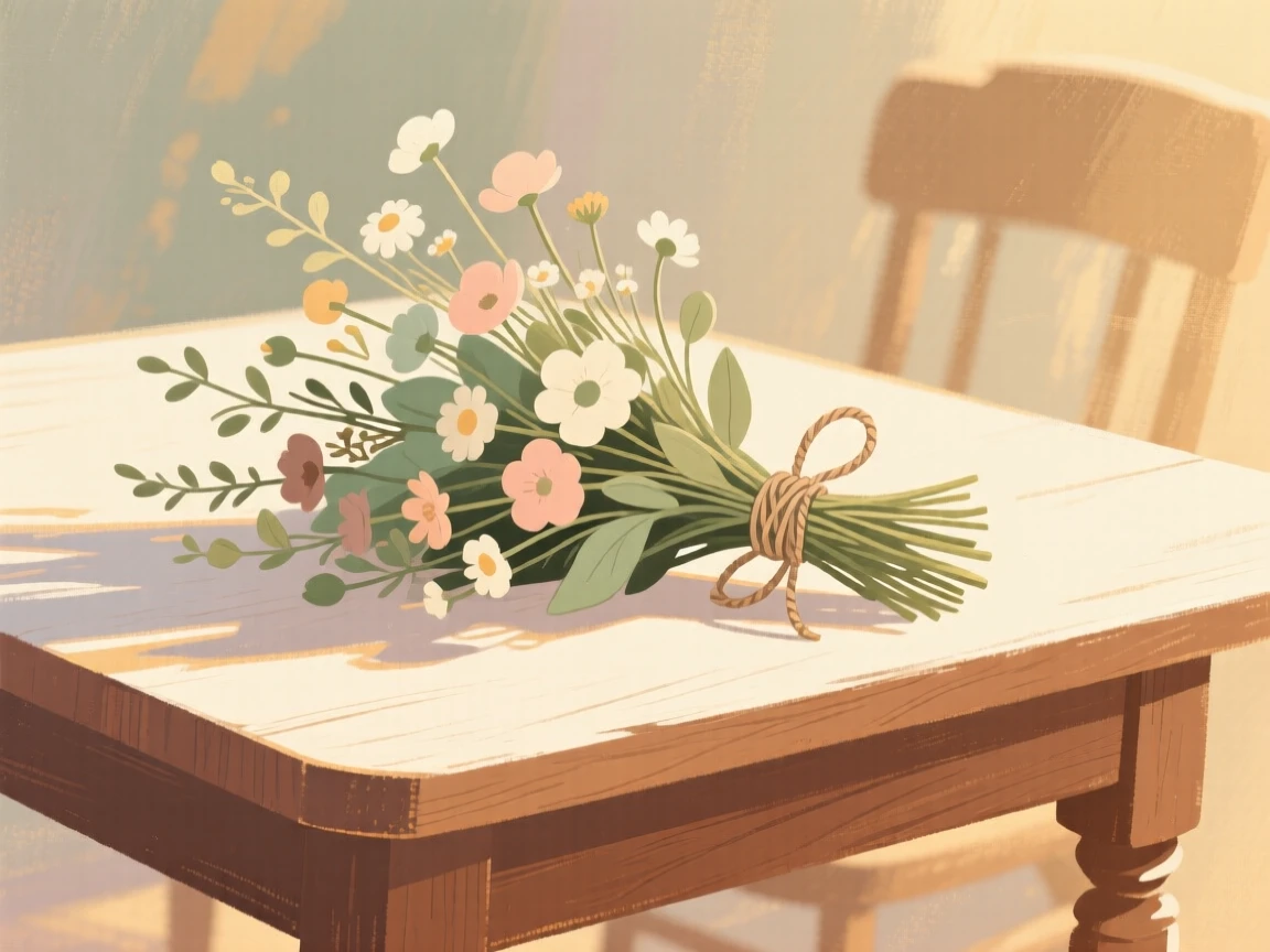 A bouquet of wildflowers tied with twine on a wooden table