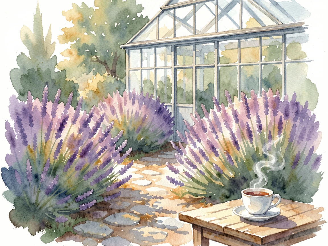 A garden path lined with lavender bushes in a sunlit greenhouse beside a cup of tea.