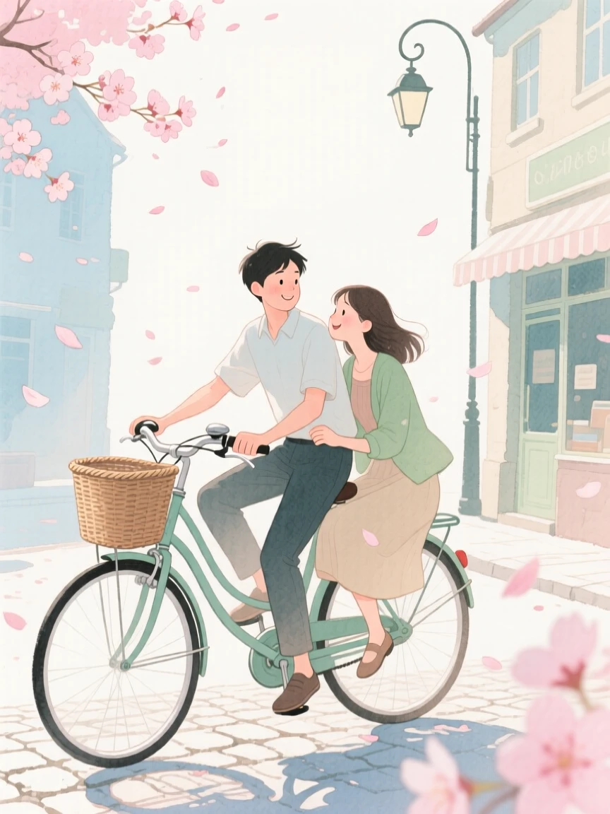 A tender moment of a shared bicycle ride through town, with petals drifting gently in the breeze, capturing quiet affection between two people