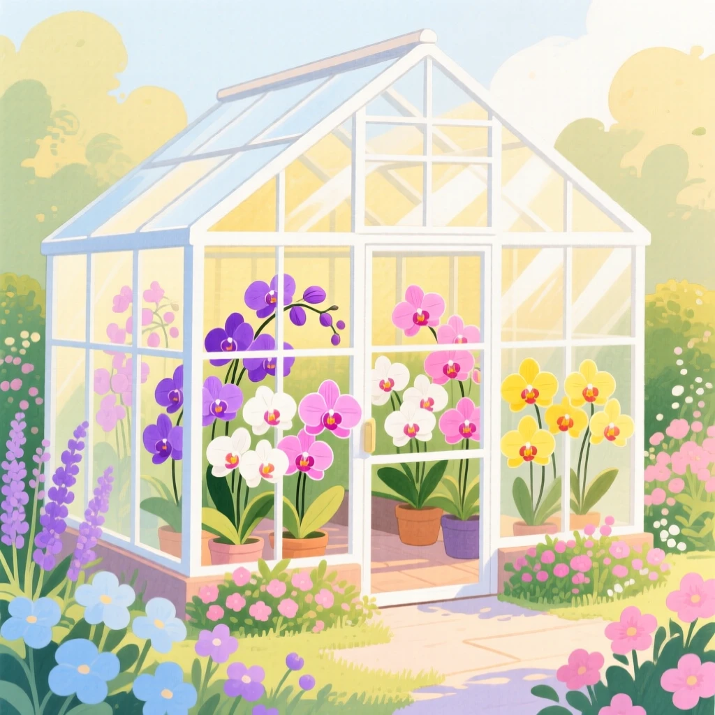 A greenhouse full of blooming orchids, framed by blooming flowers and soft afternoon light.