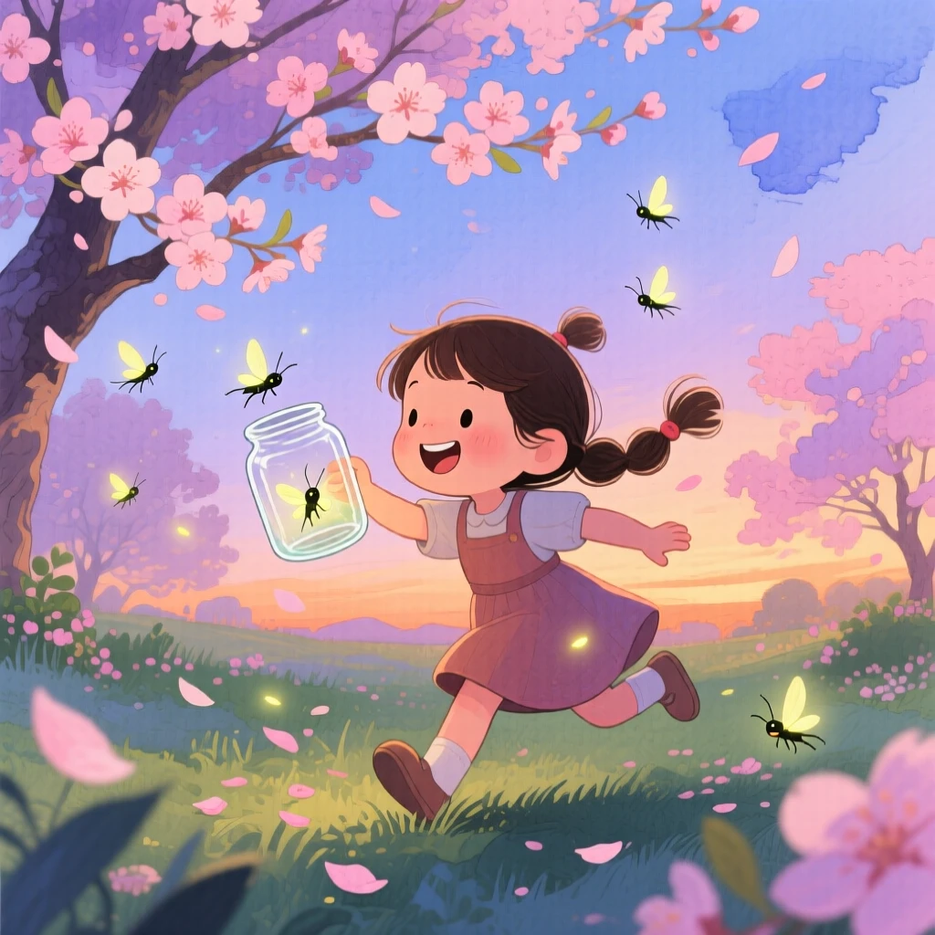 A little girl in pigtails chasing fireflies at dusk with a glass jar, in a blossoming cherry tree garden, brimming with carefree happiness.
