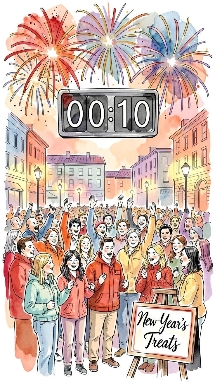 A New Year's Eve countdown scene with a crowd gathered under fireworks, soft light and seasonal color bringing the moment to life.