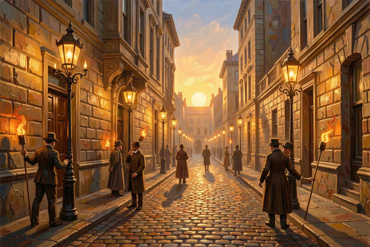 A Victorian-era street lit by gas lamps, lanterns being lit one by one as the sun sets, beneath towering stone city walls, at golden hour, light glowing warmly on old stone.