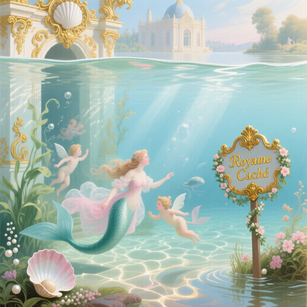 A hidden kingdom at the bottom of a clear lake, seen through shimmering water  