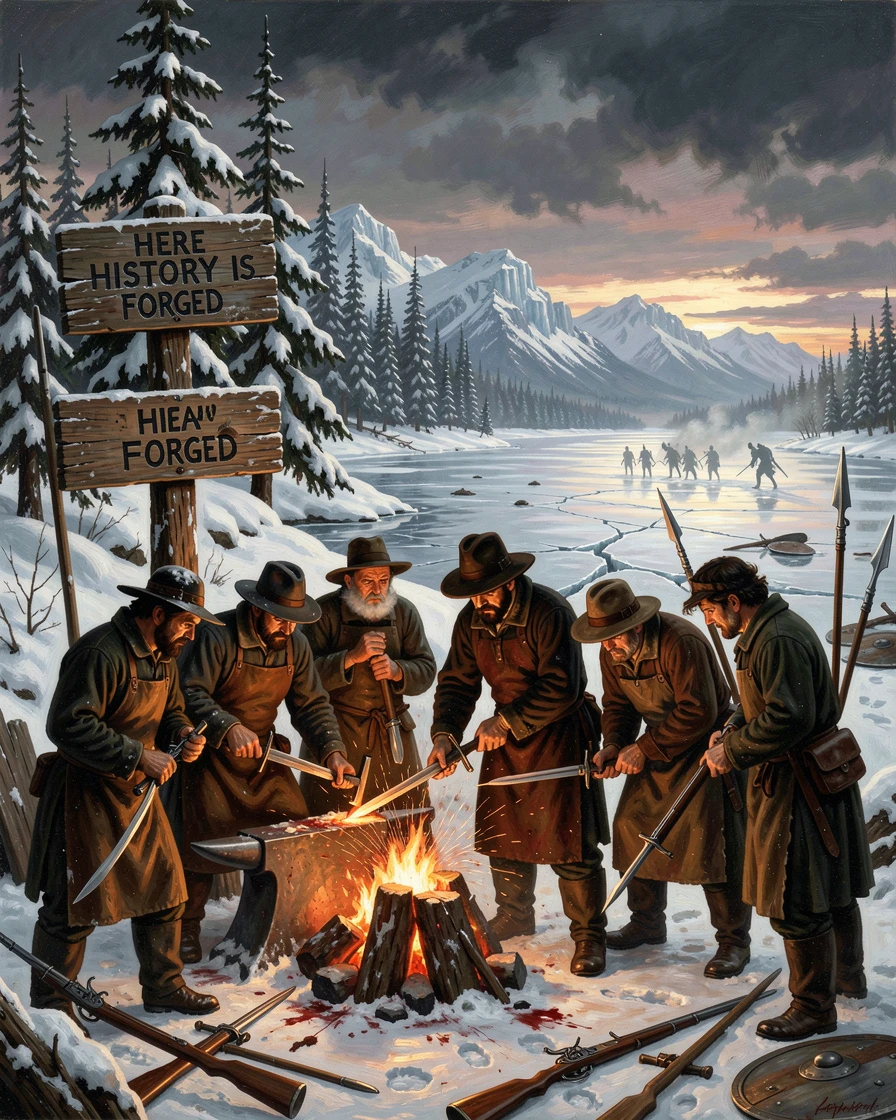 A group of pilgrims forges weapons ahead of a frozen battlefield as history is written.