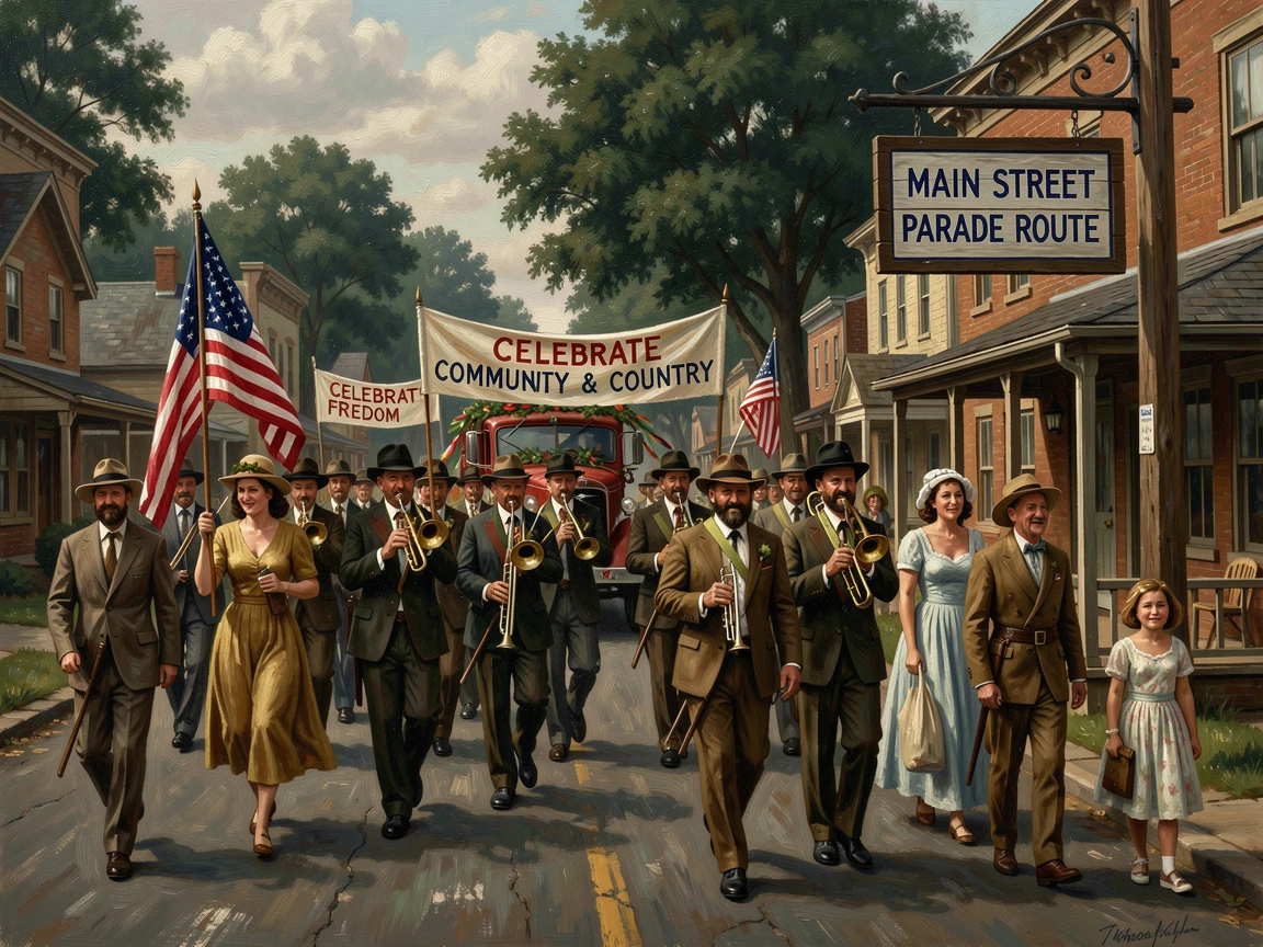 A summer 4th of July parade marching down a small-town main street, as joyful expressions capture the spirit of the celebration, offering a joyful, memorable seasonal scene for any collection