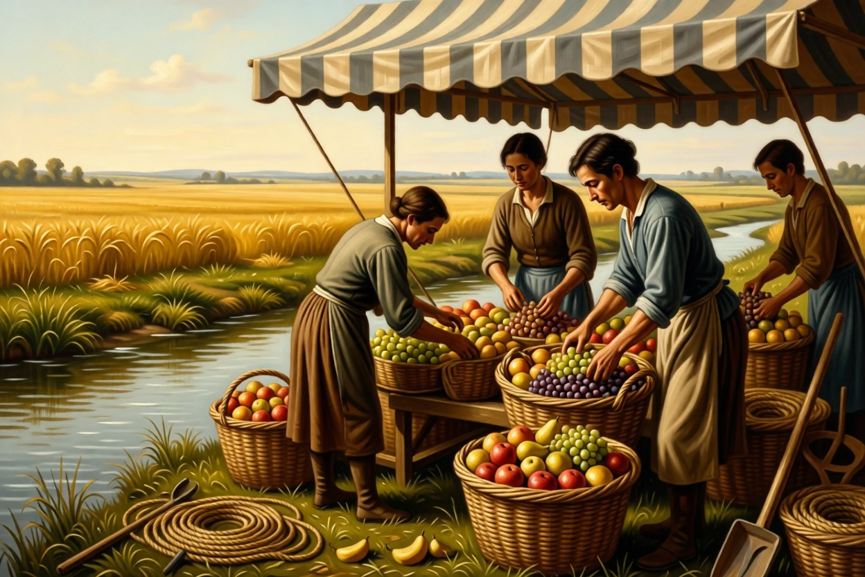 Market vendors arranging baskets of fruit beneath a striped awning in a small, quiet moment made luminous and lasting, set beside a quiet stream at the edge of golden fields, with baskets of produce, coils of rope, and tools of an honest trade; the composition finds quiet monumentality in an everyday gesture, evoking dignity, warmth, and the quiet poetry of daily life.