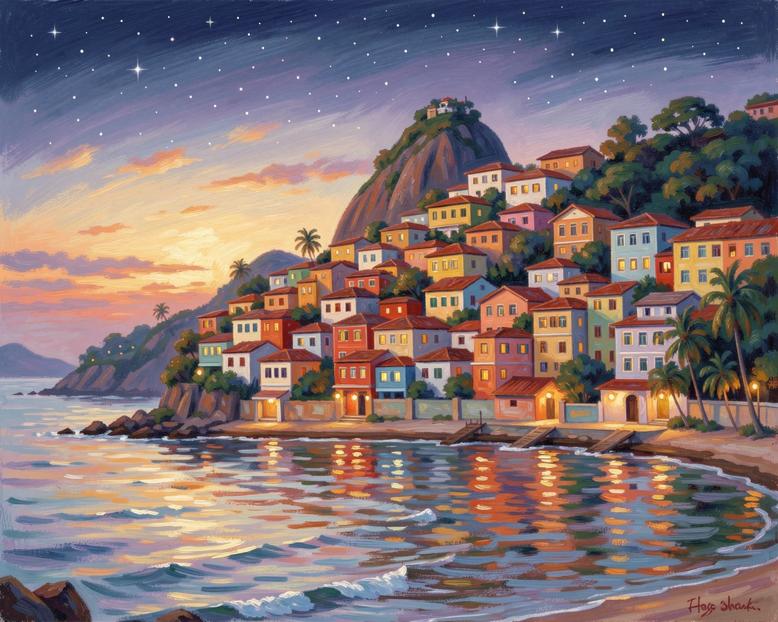A colorful Rio de Janeiro hillside neighborhood of stacked houses overlooking the bay at sunset, under a canopy of stars, filled with a cozy, comforting atmosphere.