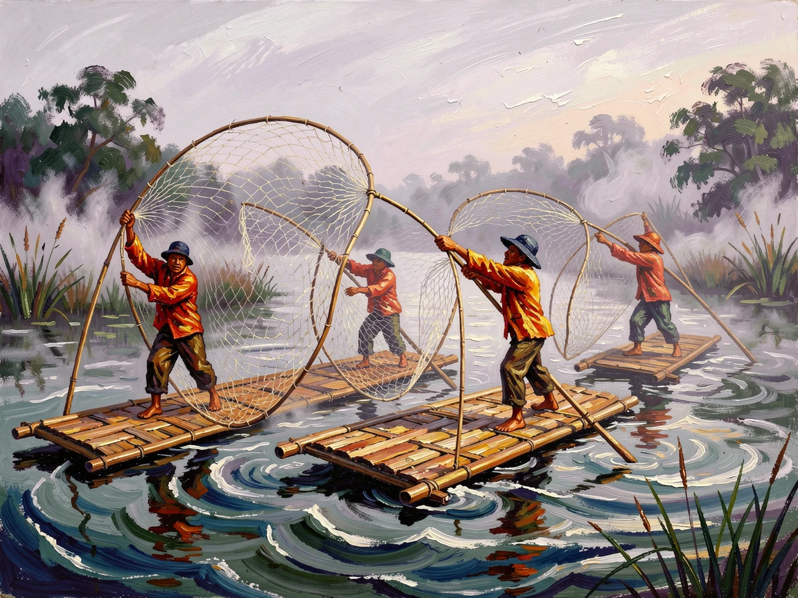 Fishermen casting nets from bamboo rafts on a misty river in Vietnam.