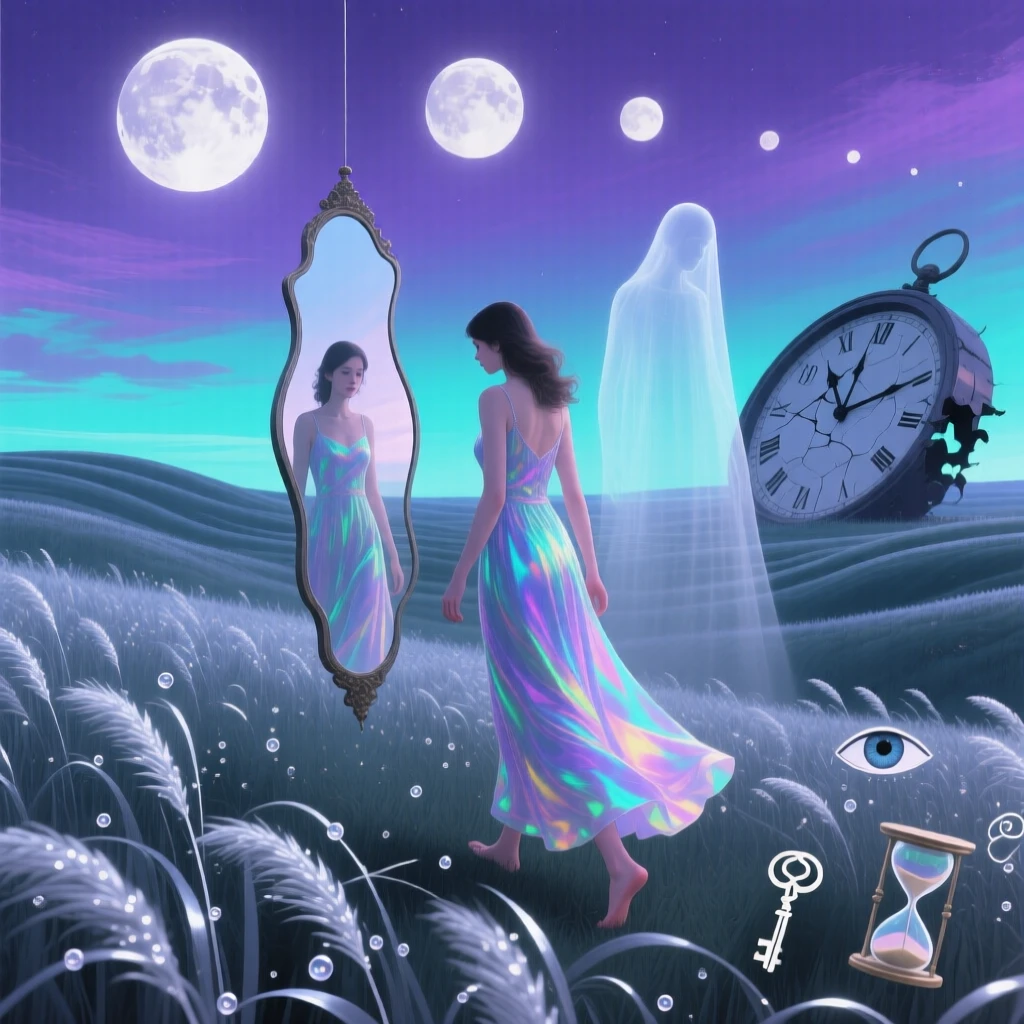 A woman whose reflection walks a different direction than she does walks slowly through a field of tall silver grass, while a second, ghostly version of them lingers behind.