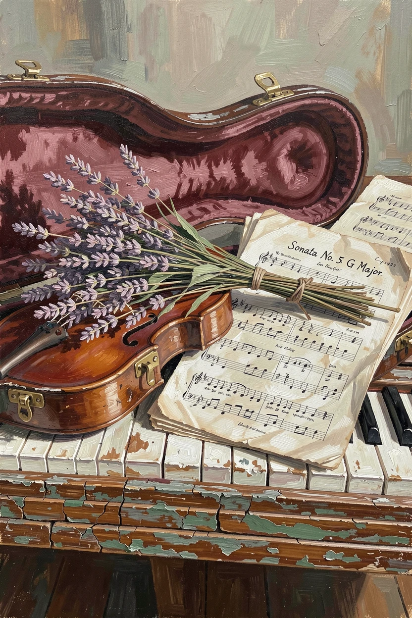 An antique violin case lies open beside sheet music and a bouquet of dried lavender on a weathered piano bench, a sense of vast scale emphasized by tiny details that anchor the eye at the edges of the frame.
