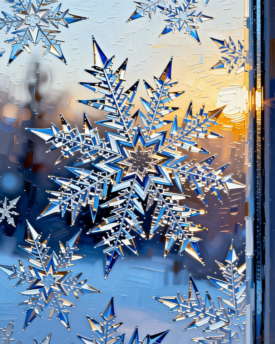 A close-up of frost crystals forming delicate patterns across a windowpane