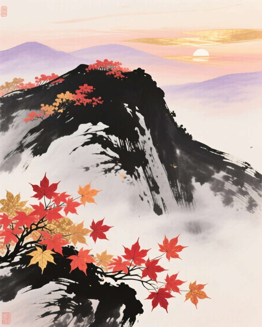 Maple leaves blaze red and gold across a mountain slope, beneath a sky streaked with the soft colors of late afternoon.