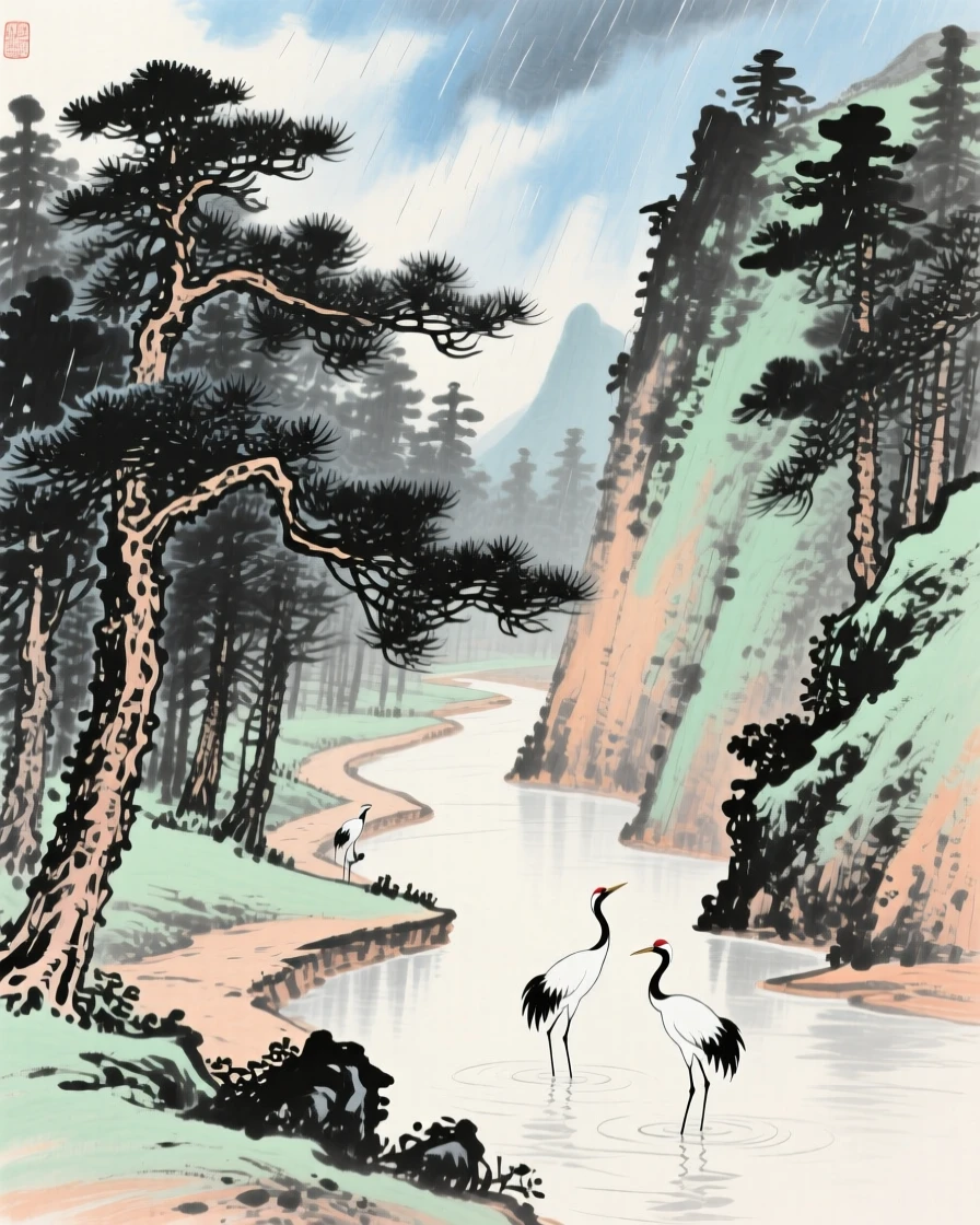 A narrow mountain path winding through pine forest, where cranes wade quietly at the water's edge, under clearing skies after a storm.
